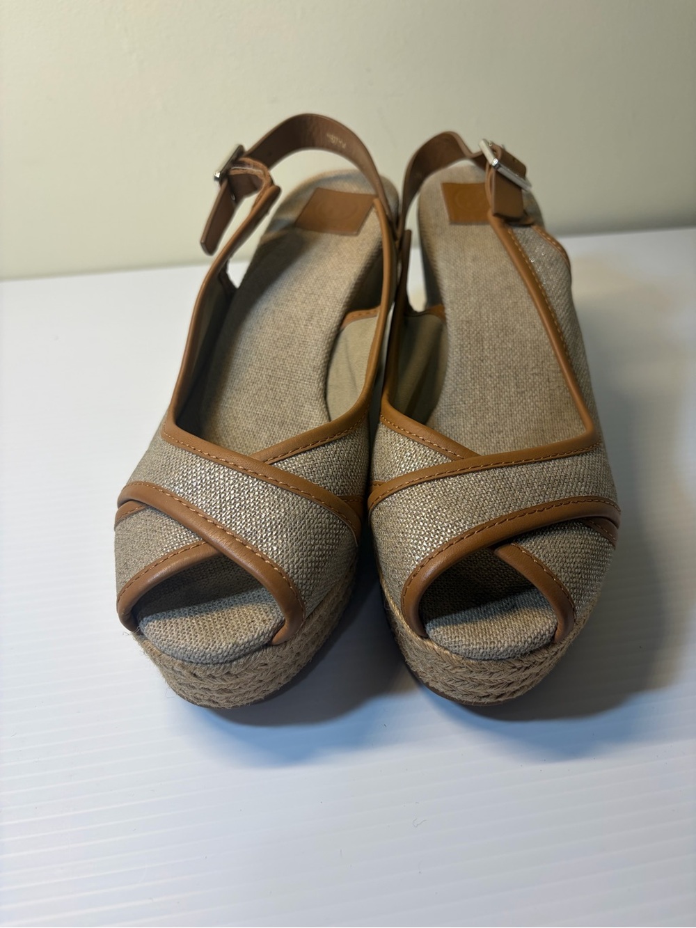 TORY BIRCH - MAJORICA Slingback Peep Toe Wedge Shoes, 7 M Tan Espradille Nice